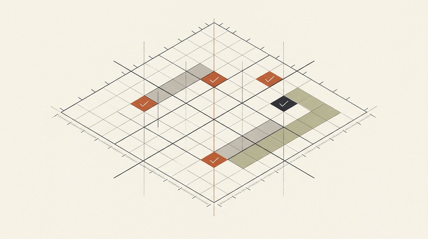 Isometric diagnostic matrix and structural verification checklist illustration in Claude editorial style