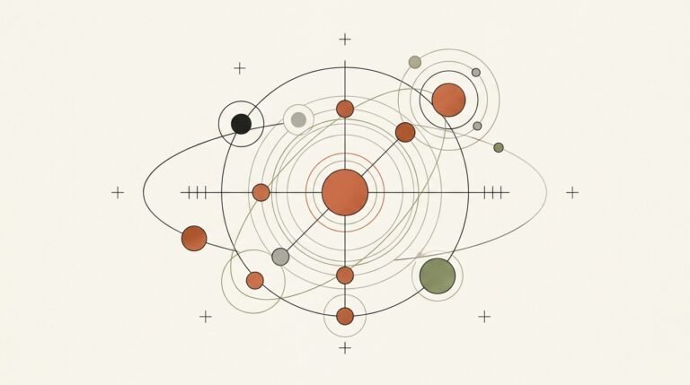 Orbital directory network constellation and central anchor core illustration in Claude editorial style