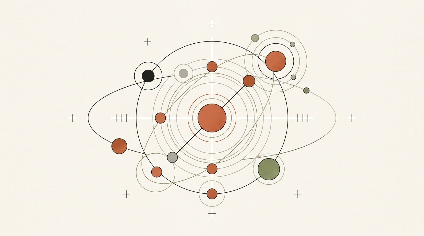 Orbital directory network constellation and central anchor core illustration in Claude editorial style