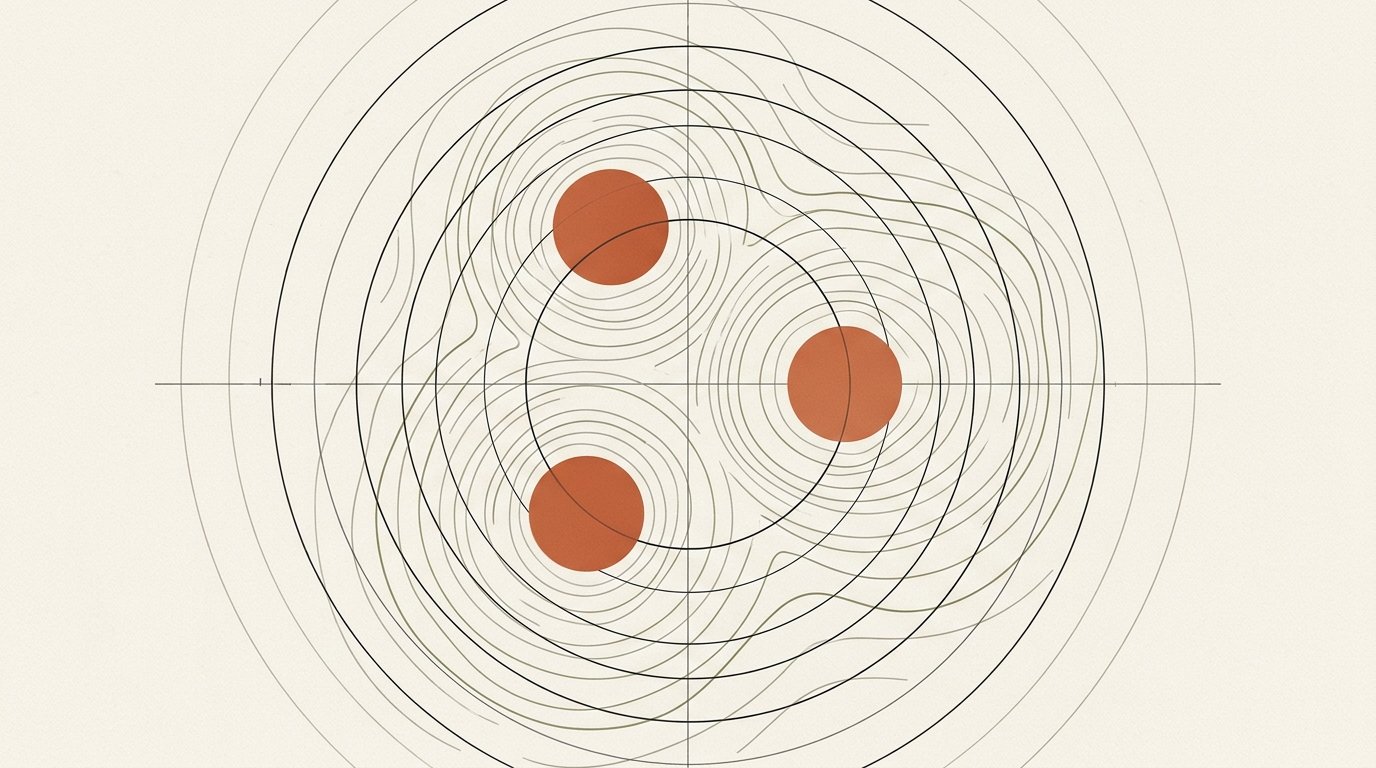 Abstract editorial illustration representing Google Business Profile proximity mapping and Local 3-Pack nodes