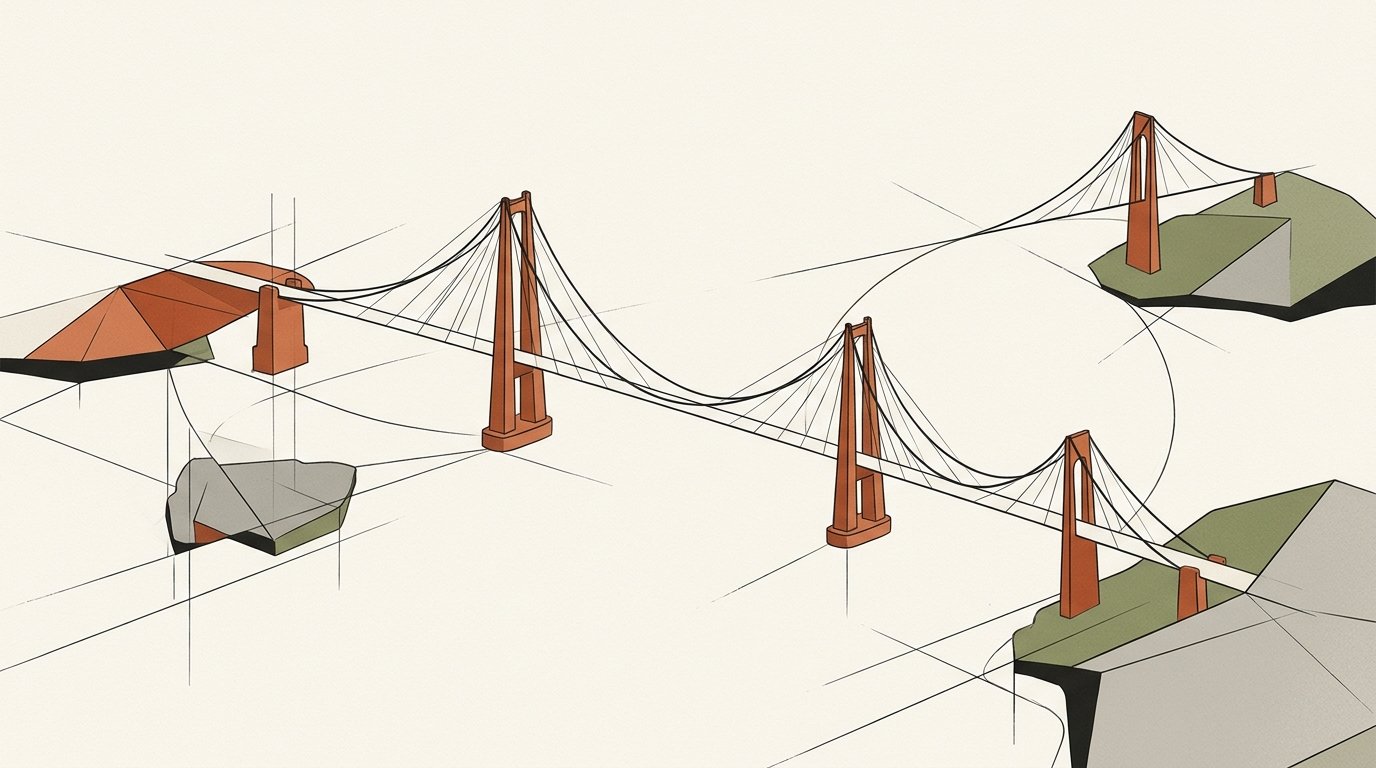 Suspension bridge vectors and interconnected territorial authority illustration in Claude editorial style