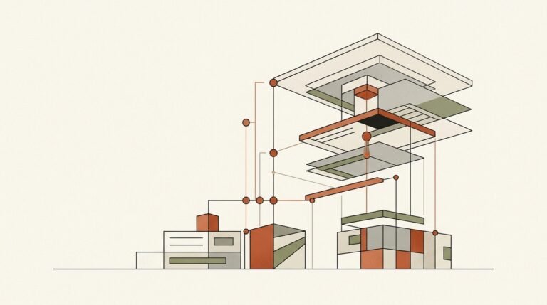 Deconstructed structural blueprint and website hierarchy architecture illustration in Claude editorial style